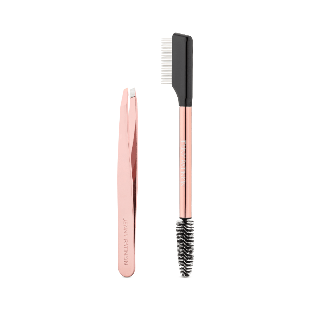 Jenny Patinkin Big Reveal Touch Up Tools featuring rose gold slanted tweezers and dual-ended lash comb and brow spoolie
