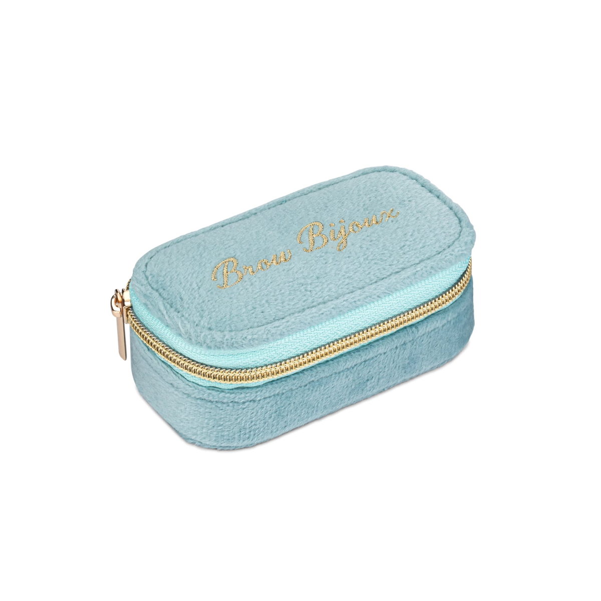 A light blue velvet zippered pouch with gold lettering that reads 'Briare' on the front, set against a plain white background.