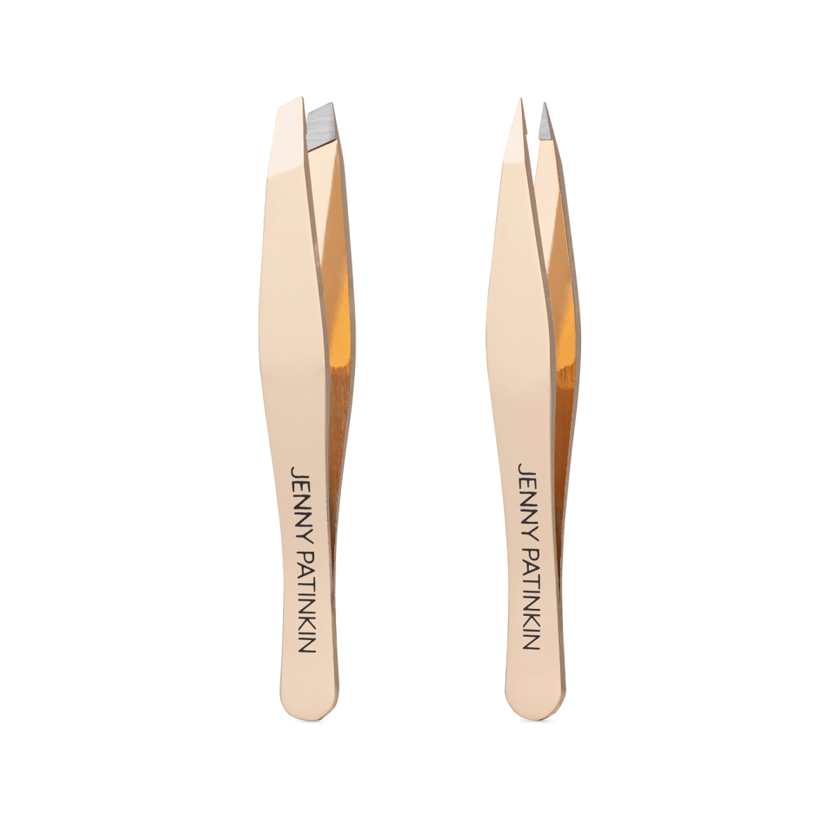 A pair of metallic gold-toned precision tweezers with the brand name 'JENNY PATINKIN' printed vertically on the handles, set against a plain white background.
