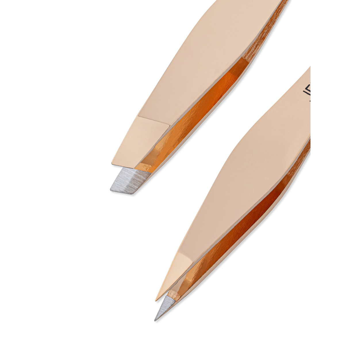 Two metallic tweezers with a warm gold finish and silver-toned flat tips, shown on a plain white background.