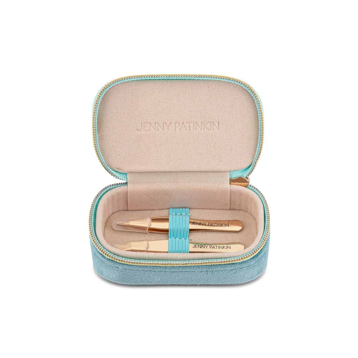 An open light blue zippered case with a beige interior, containing two gold cosmetic tools and a turquoise elastic band. The brand name 'JENNY PATNIKON' is embossed on the inner lid and printed on the tools.