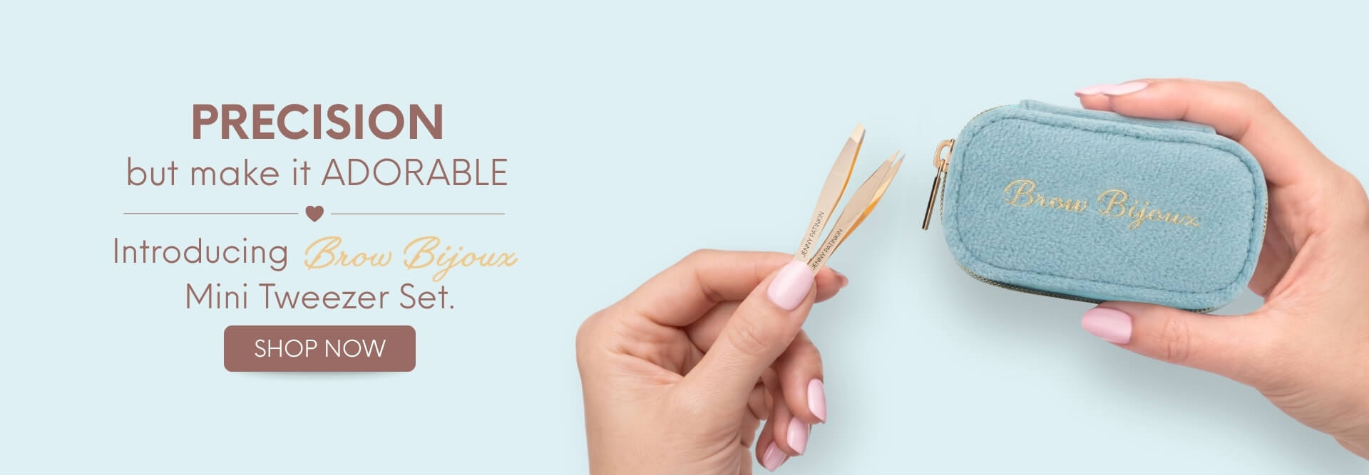 A promotional banner for the Brown Bijoux Mini Tweezer Set, showing a light blue fabric zippered case held by a hand alongside wooden-handled tweezers, with marketing text on a pale blue background.