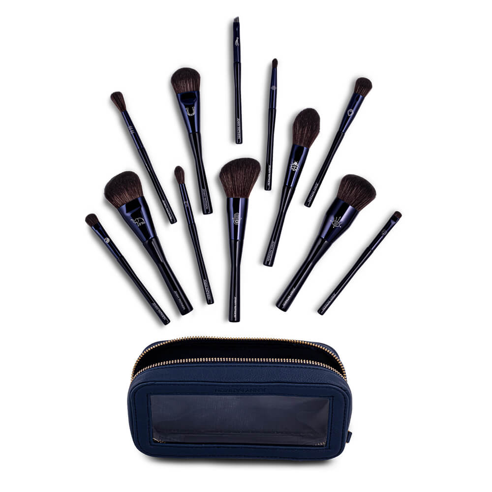 12-piece makeup brush set with dark navy blue handles and brown bristles