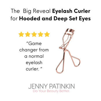 Close-up of Jenny Patinkin Big Reveal eyelash curler showing precision curling angle