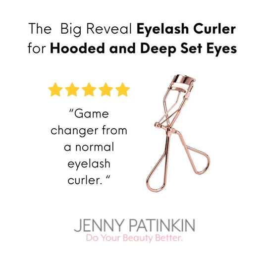 Close-up of Jenny Patinkin Big Reveal eyelash curler showing precision curling angle