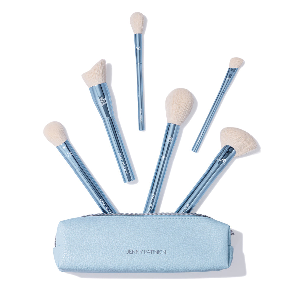 Winter Wonderland Makeup Brush Set with six full-size brushes and icy blue vegan leather case