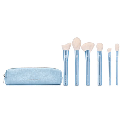 Six makeup brushes set with icy blue handles with icy blue vegan leather kit